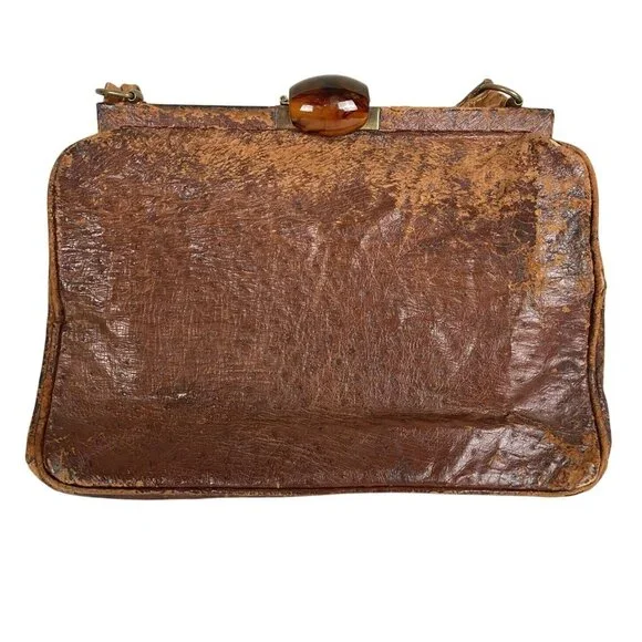 Vintage Beverly Bag Full Quill Ostrich Frame Purse Brown Ireland Distressed - Picture 2 of 12